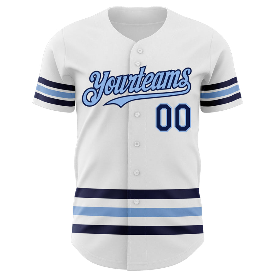 Custom White Navy-Light Blue Line Authentic Baseball Jersey