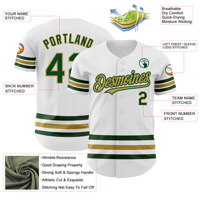 Custom White Green-Old Gold Line Authentic Baseball Jersey