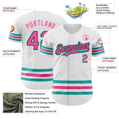 Custom White Pink Black-Aqua Line Authentic Baseball Jersey