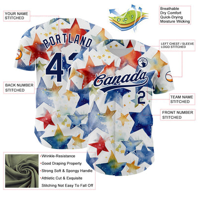 Custom White Navy-Red 3D Pattern Design Stars Authentic Baseball Jersey