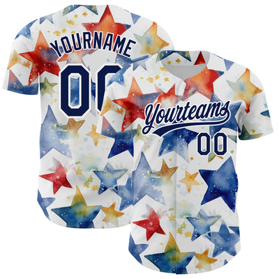 Custom White Navy-Red 3D Pattern Design Stars Authentic Baseball Jersey