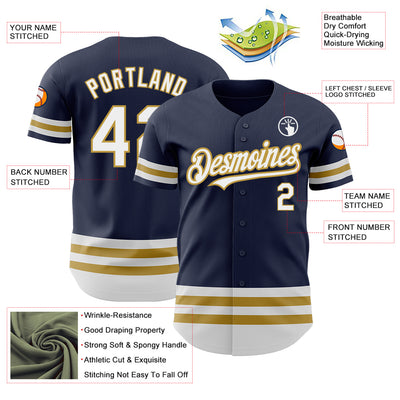 Custom Navy White-Old Gold Line Authentic Baseball Jersey