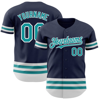 Custom Navy Teal-White Line Authentic Baseball Jersey