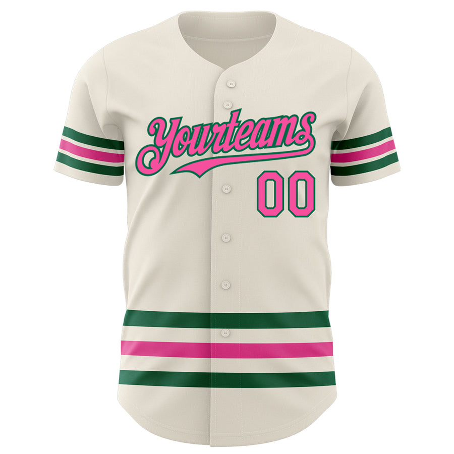 Custom Cream Pink-Kelly Green Line Authentic Baseball Jersey