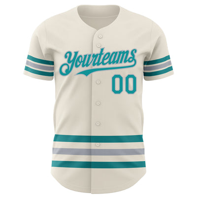 Custom Cream Teal-Gray Line Authentic Baseball Jersey