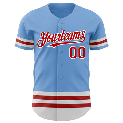 Custom Light Blue Red-White Line Authentic Baseball Jersey