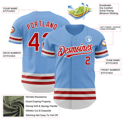 Custom Light Blue Red-White Line Authentic Baseball Jersey