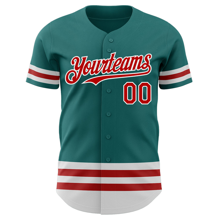 Custom Teal Red-White Line Authentic Baseball Jersey