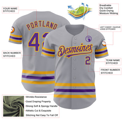 Custom Gray Purple-Gold Line Authentic Baseball Jersey