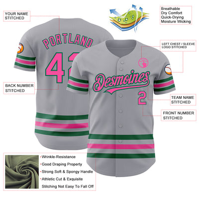 Custom Gray Pink-Kelly Green Line Authentic Baseball Jersey