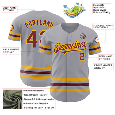 Custom Gray Burgundy-Gold Line Authentic Baseball Jersey