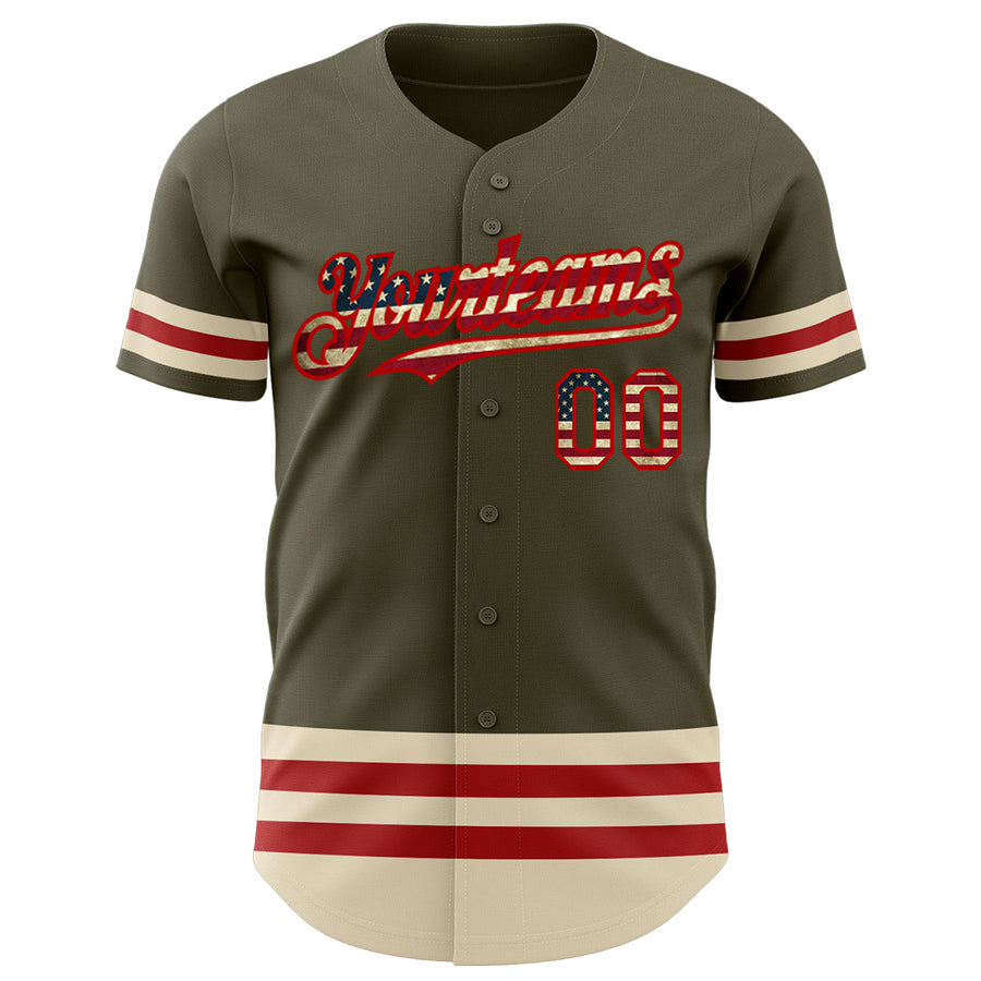 Custom Olive Vintage USA Flag Red-Cream Line Authentic Salute To Service Baseball Jersey