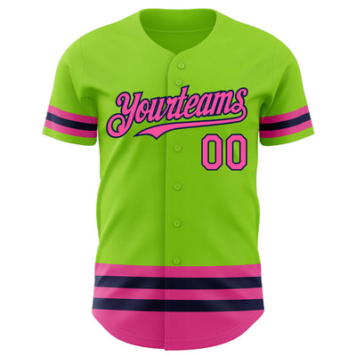 Custom Neon Green Pink-Navy Line Authentic Baseball Jersey