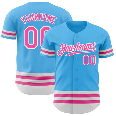 Custom Sky Blue Pink-White Line Authentic Baseball Jersey