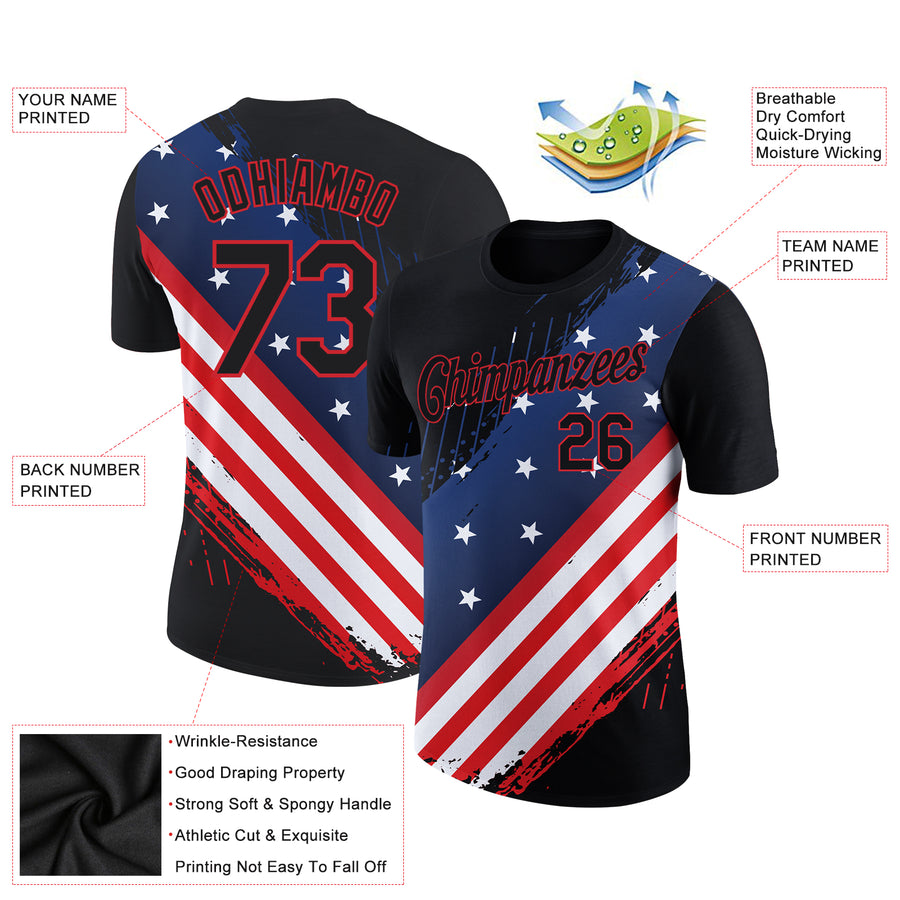 Custom Black Red-Royal 3D American Flag Patriotic Performance T-Shirt