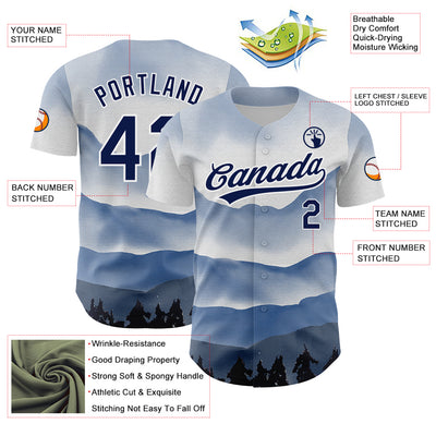 Custom White Navy 3D Pattern Design Watercolor Mountains Authentic Baseball Jersey