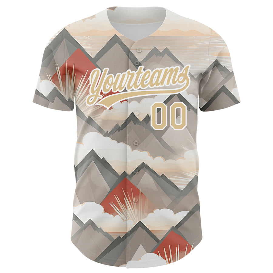 Custom Vegas Gold White 3D Pattern Design Sun Rays Through Mountain Tops Authentic Baseball Jersey