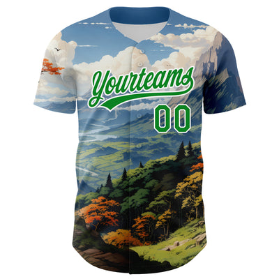 Custom White Grass Green 3D Pattern Design Mountains Landscape Authentic Baseball Jersey