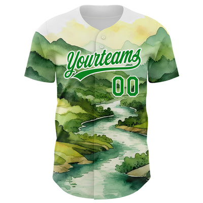 Custom White Grass Green 3D Pattern Design Mountains Landscape Authentic Baseball Jersey