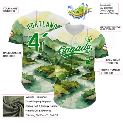 Custom White Grass Green 3D Pattern Design Mountains Landscape Authentic Baseball Jersey