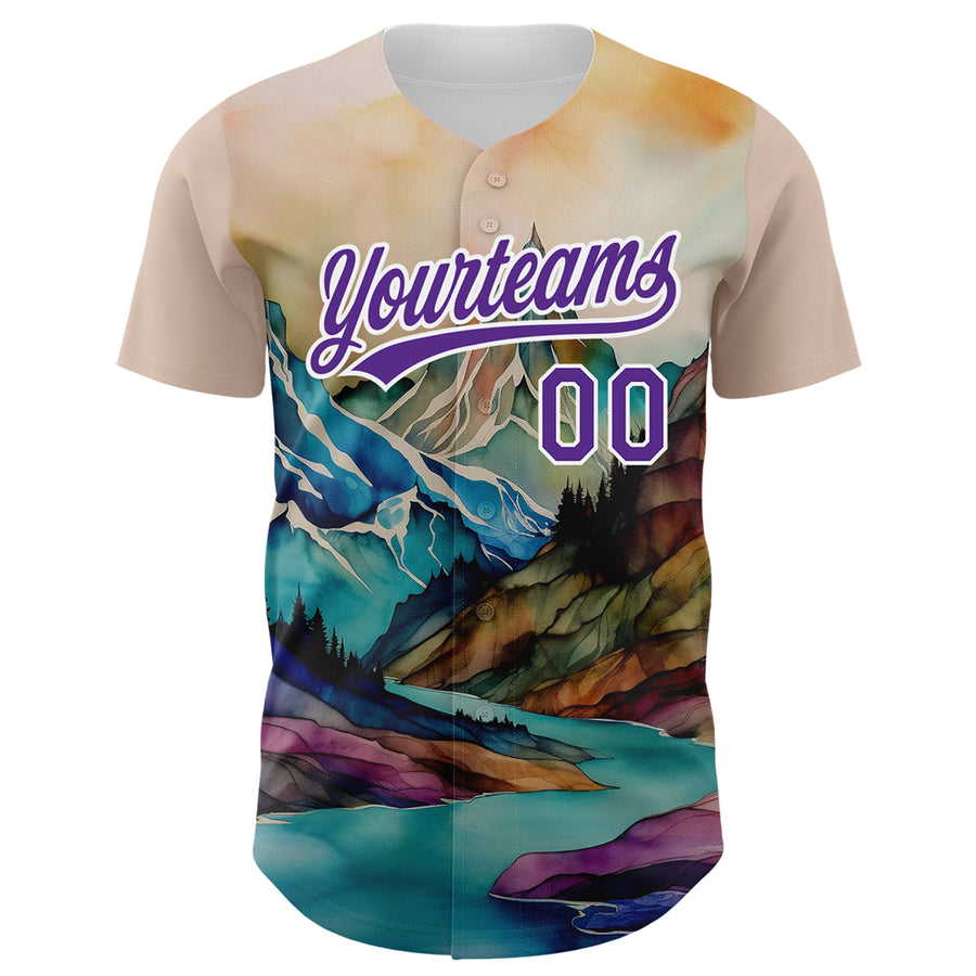 Custom White Purple 3D Pattern Design Mountains Landscape Authentic Baseball Jersey