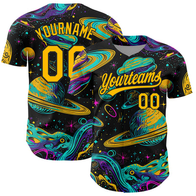 Custom Black Gold 3D Pattern Design Space With Planets And Stars Authentic Baseball Jersey
