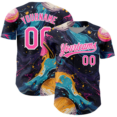 Custom Black Pink-White 3D Pattern Design Abstract Liquid Painting Authentic Baseball Jersey