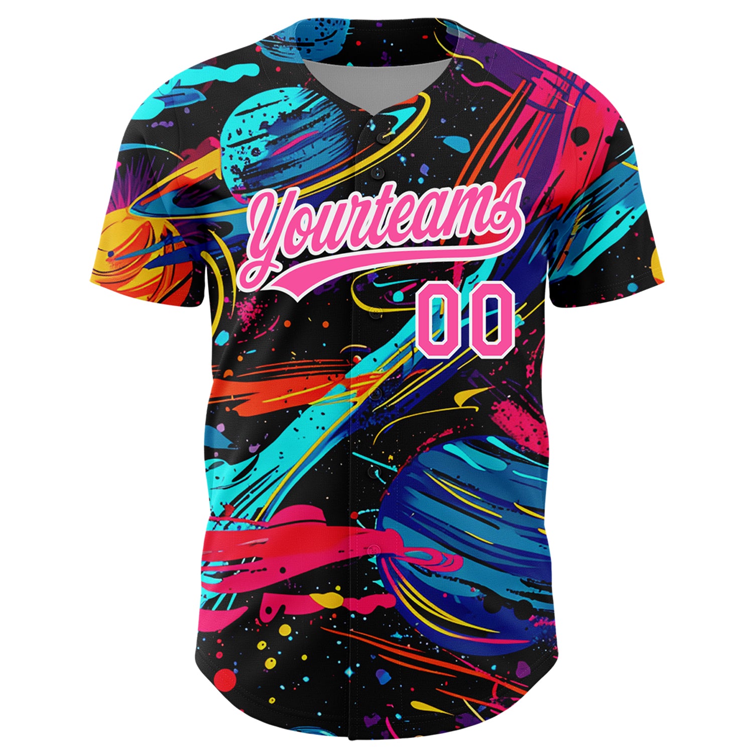 Custom 3D Pattern Baseball Jersey Black Pink White Design Space With Planets And Rockets Authentic FansIdea