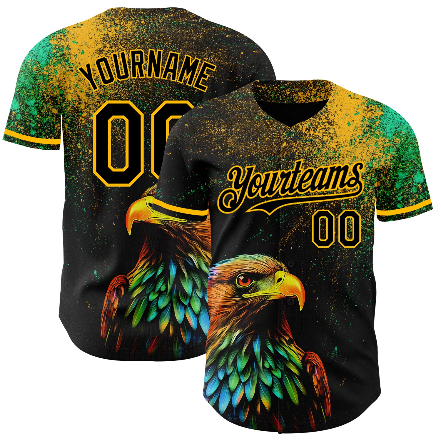 Custom Black Gold 3D Pattern Design Holi Festival Color Powder Authentic Baseball Jersey