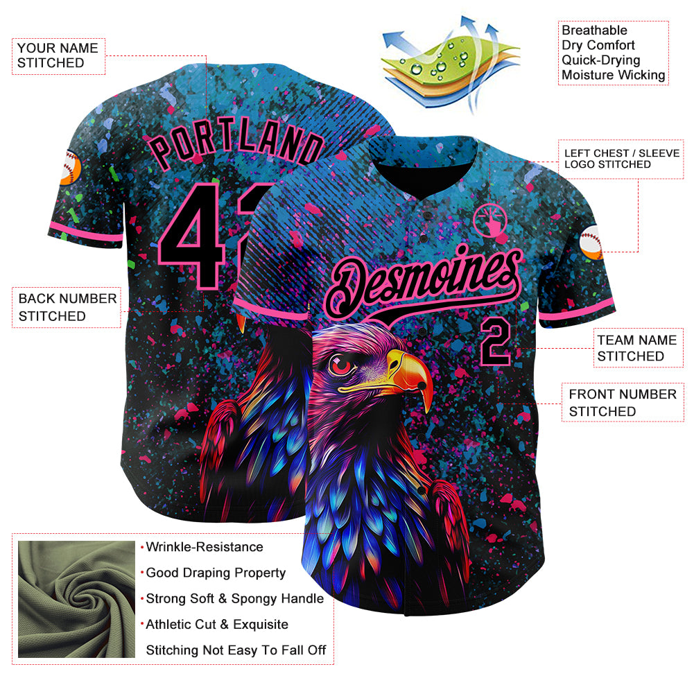 Custom Black Pink 3D Pattern Design Holi Festival Color Powder Authentic Baseball Jersey