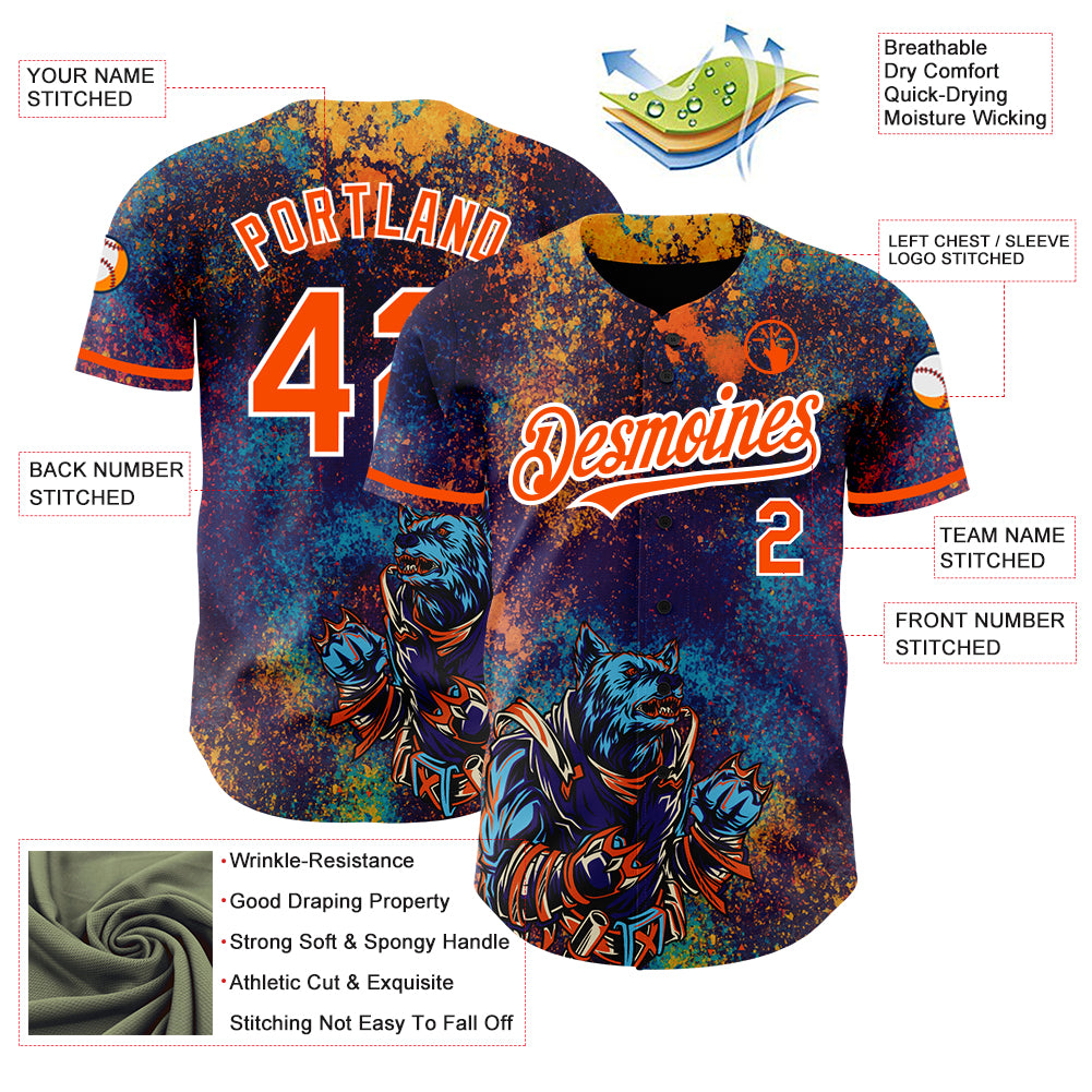 Custom Purple Orange-White 3D Pattern Design Holi Festival Color Powder Authentic Baseball Jersey