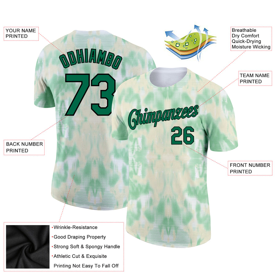 Custom Tie Dye Kelly Green-Black 3D Performance T-Shirt