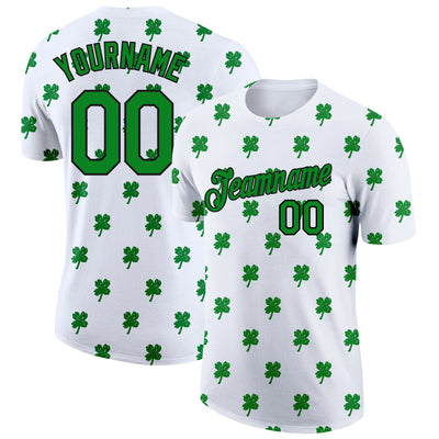 Custom White Kelly Green-Black 3D St.Patrick's Day Clovers Performance T-Shirt