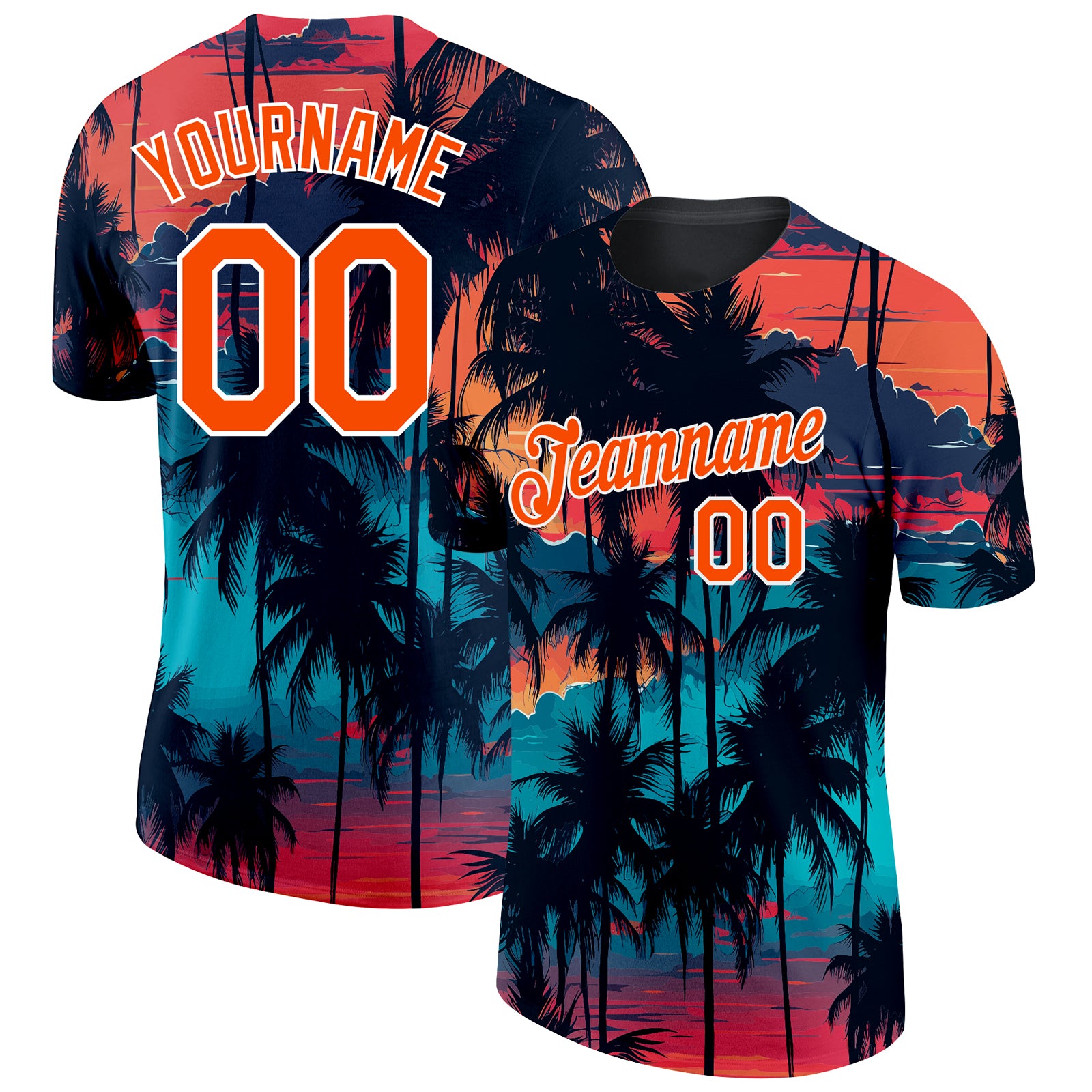 Custom Black Orange-White 3D Pattern Design Tropical Hawaii Palms Trees Performance T-Shirt