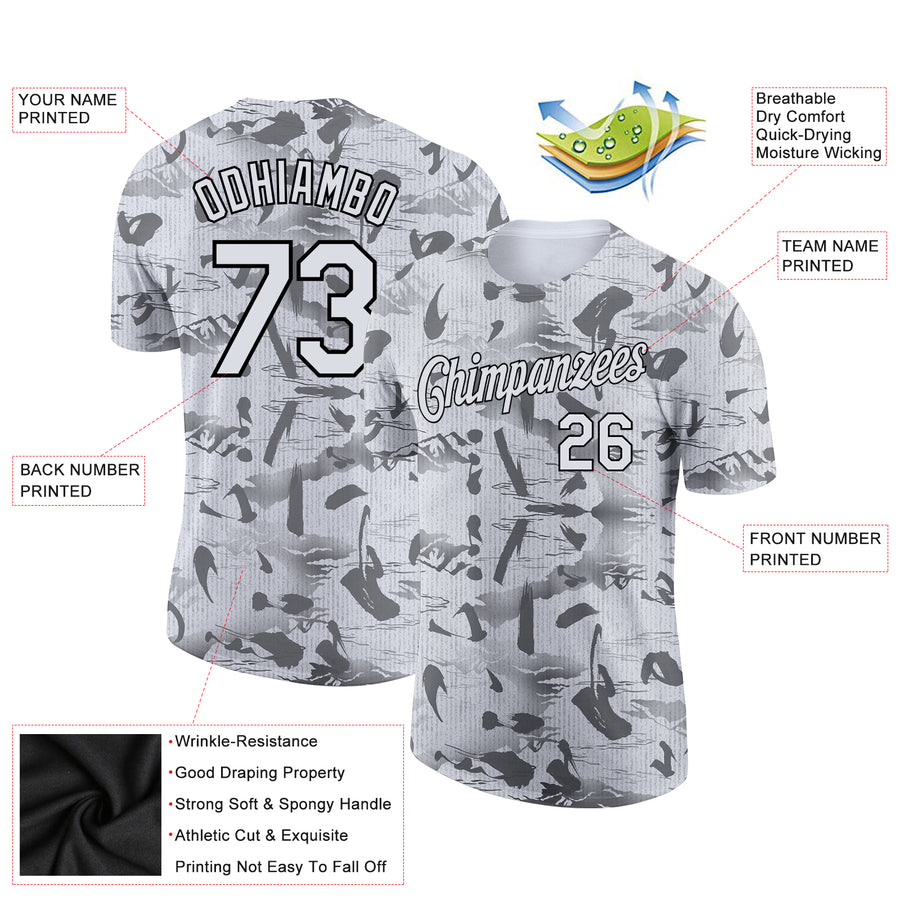 Custom Gray White-Black 3D Pattern Design Chinese Style Words And Mountain Performance T-Shirt