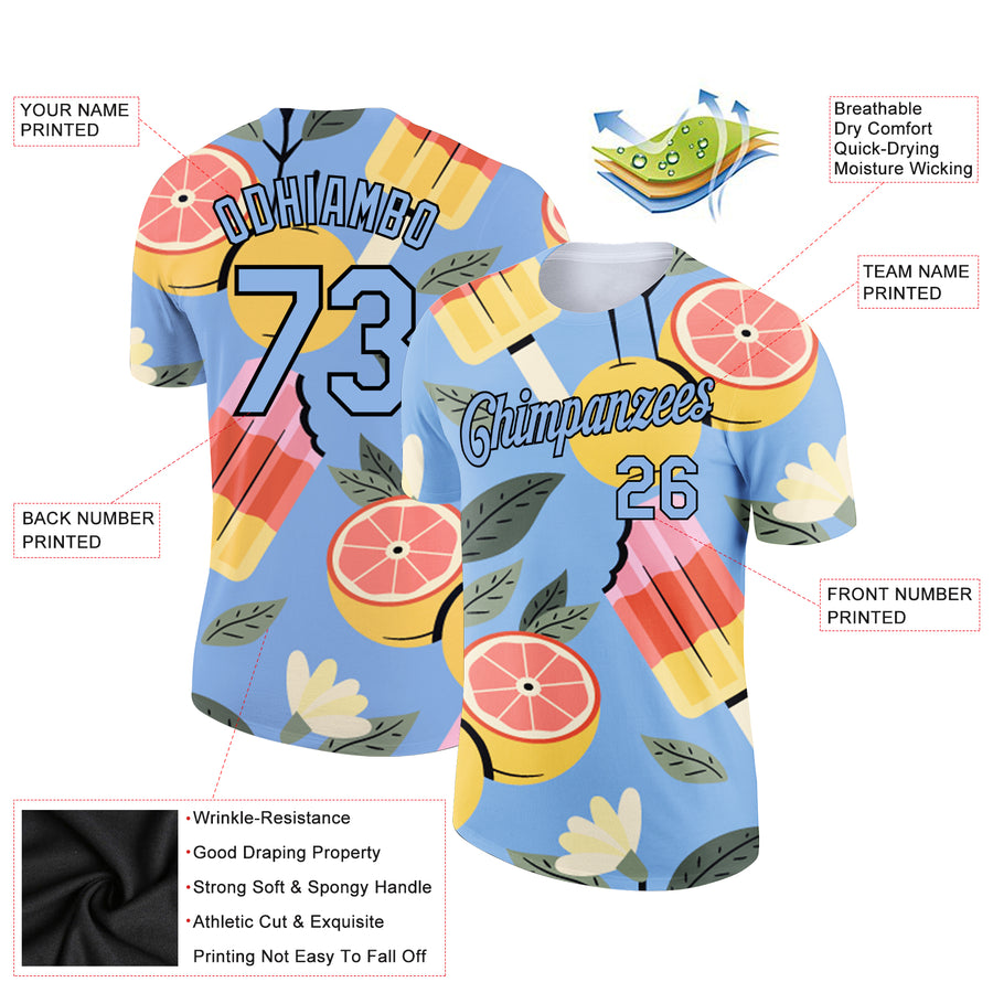 Custom Light Blue Black 3D Pattern Design Summer Holiday Ice Cream And Fruit Performance T-Shirt