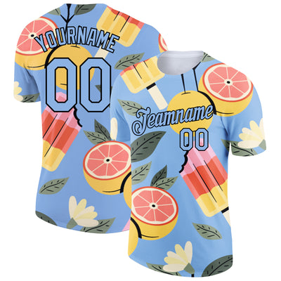 Custom Light Blue Black 3D Pattern Design Summer Holiday Ice Cream And Fruit Performance T-Shirt