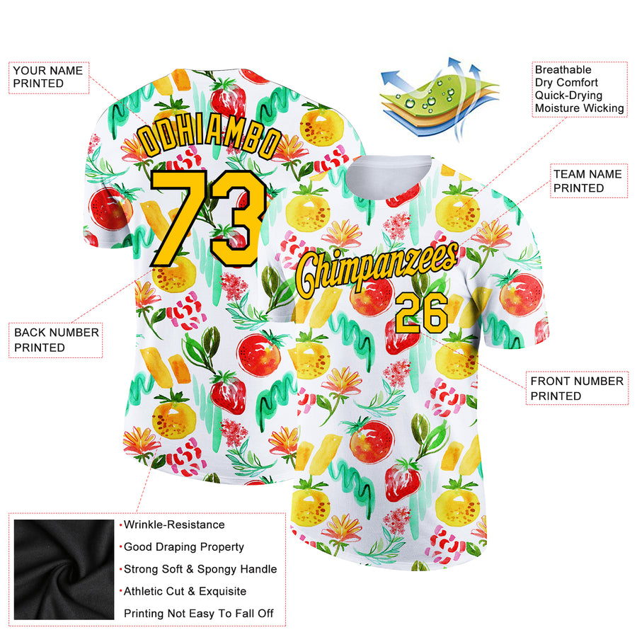 Custom White Gold-Black 3D Pattern Design Summer Holiday Fruit Performance T-Shirt