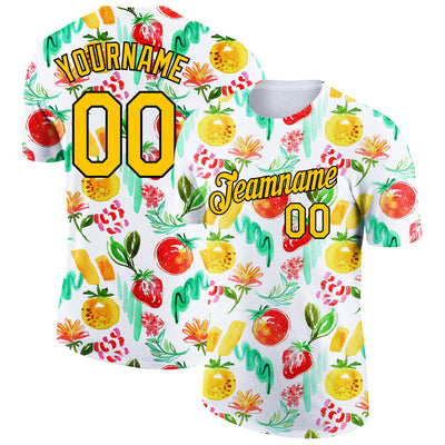 Custom White Gold-Black 3D Pattern Design Summer Holiday Fruit Performance T-Shirt