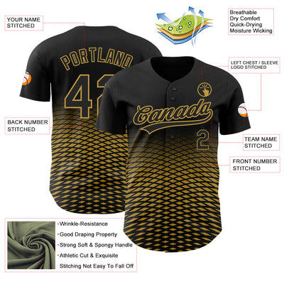 Custom Black Old Gold 3D Pattern Design Gradient Lines Authentic Baseball Jersey