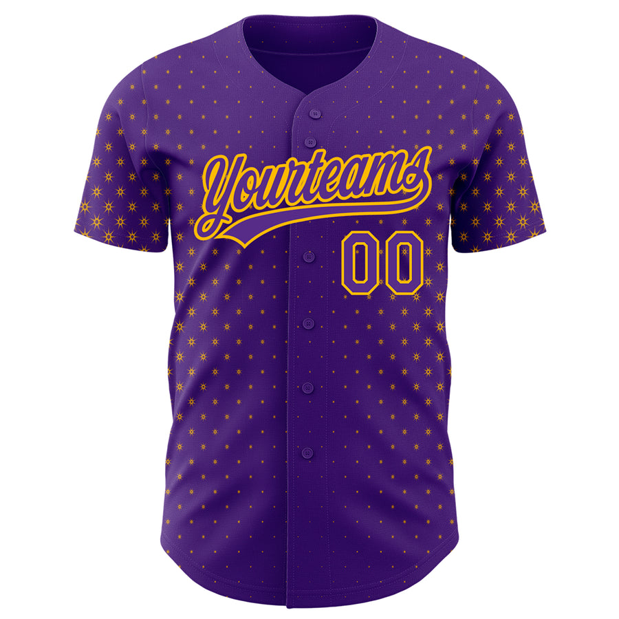 Custom Purple Gold 3D Pattern Design Geometric Stars Authentic Baseball Jersey