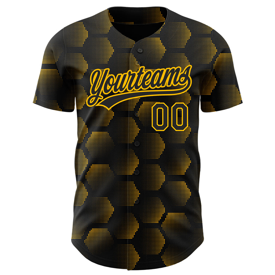 Custom Black Gold 3D Pattern Design Halftone Geometric Shapes Authentic Baseball Jersey