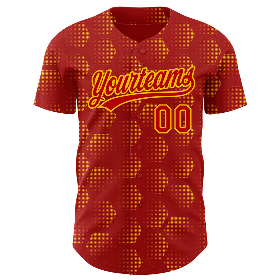 Custom Red Gold 3D Pattern Design Halftone Geometric Shapes Authentic Baseball Jersey