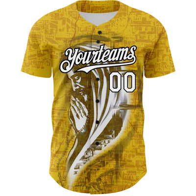 Custom Yellow White-Black 3D Pattern Design Religion Jesus Christ Authentic Baseball Jersey