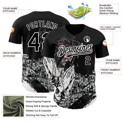 Custom Black White 3D Pattern Design Religion Jesus Christ Authentic Baseball Jersey