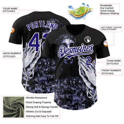 Custom Black Purple-White 3D Pattern Design Religion Jesus Christ Authentic Baseball Jersey