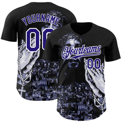 Custom Black Purple-White 3D Pattern Design Religion Jesus Christ Authentic Baseball Jersey