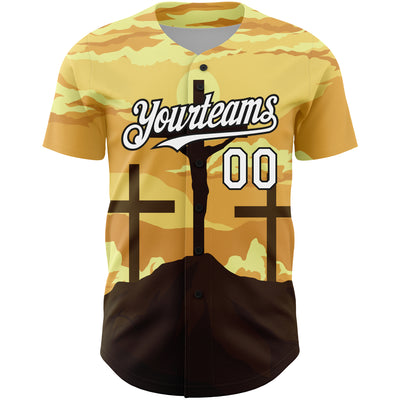 Custom Yellow White-Black 3D Pattern Design Religion Cross Jesus Christ Good Friday Authentic Baseball Jersey