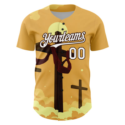 Custom Yellow White-Brown 3D Pattern Design Religion Cross Jesus Christ Good Friday Authentic Baseball Jersey