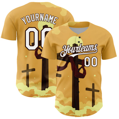 Custom Yellow White-Brown 3D Pattern Design Religion Cross Jesus Christ Good Friday Authentic Baseball Jersey